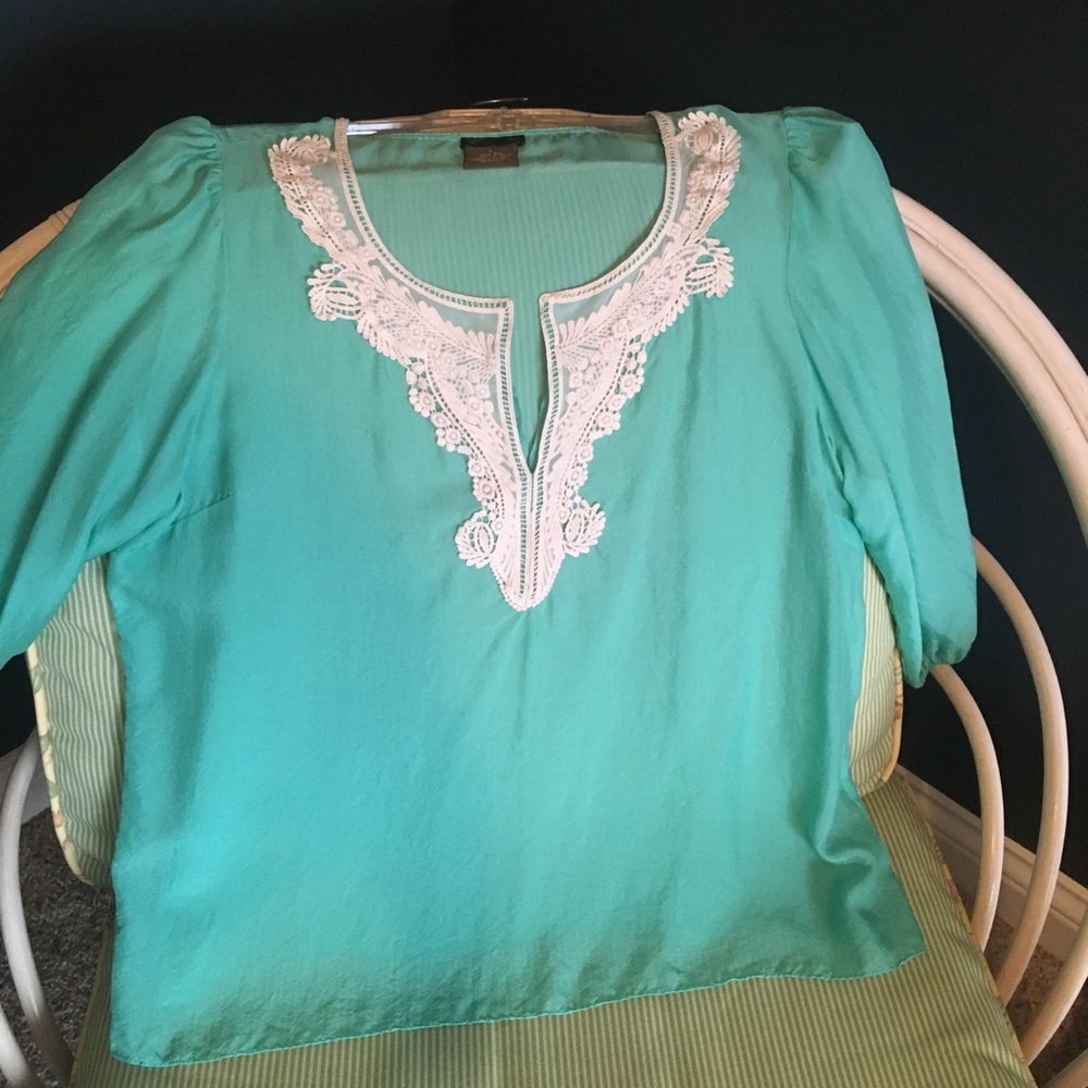 Anthropologie FEI 100% Silk Top with Lace Detail Boho